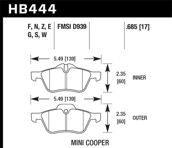 Hawk HB444B.685 06-08 Mini Cooper Base/ S 1.6L HPS 5.0 Front Brake Pads