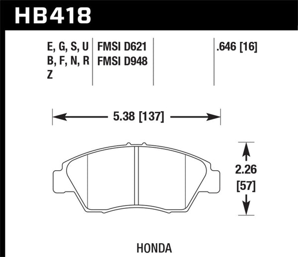 Hawk HB418G.646 02-06 RSX (non-S) Front / 03-11 Civic Hybrid / 04-05 Civic Si HP DTC-60 Front Race Brake Pads