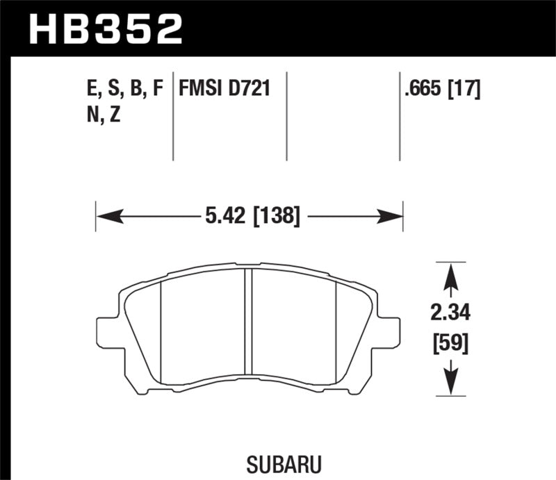 Hawk HB352E.665 02-03 WRX / 98-01 Impreza / 97-02 Legacy 2.5L / 98-02 Forester 2.5L Blue 9012 Front Race Pads