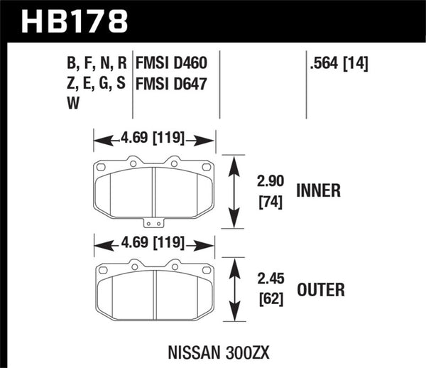 Hawk HB178N.564 06-07 WRX / 89-96 Nissan 300ZX / 89-93 Skyline GT-R HP+ Street Front Brake Pads