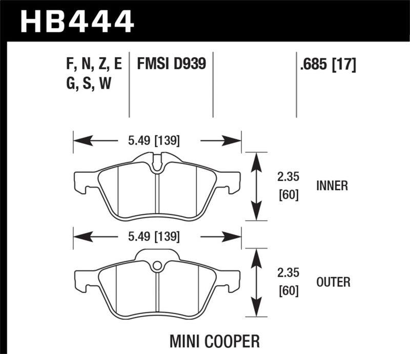 Hawk HB444F.685 02-06 Mini Cooper / Cooper S HPS Street Front Brake Pads