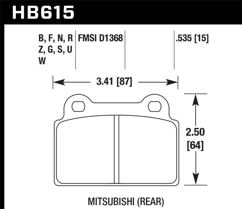 Hawk HB615B.535 2008-2014 Mitsubishi Lancer Evo (1-piece front rotor) High Perf. Street 5.0 Rear Brake Pads