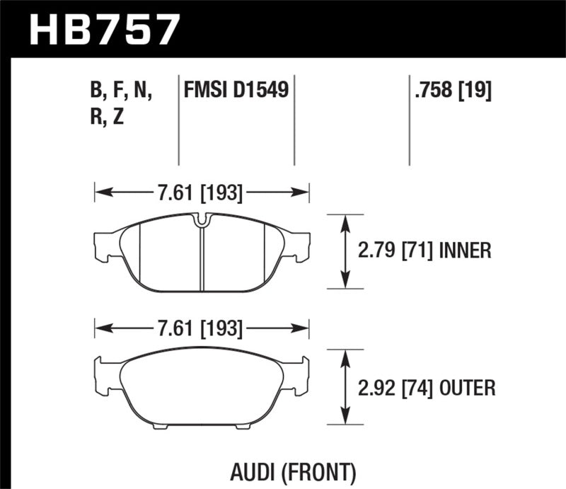 Hawk HB757F.758 Audi 2013 A5 Quattro / 12-16 A6 Quattro/A7 Quattro/A8 Quattro HPS Front Brake Pads